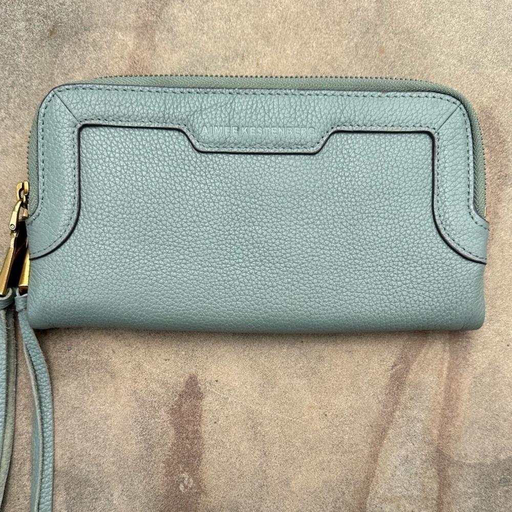 Aimee Kestenberg Gala Pebbled Leather Double Zip Around Clutch Sage Blue Green